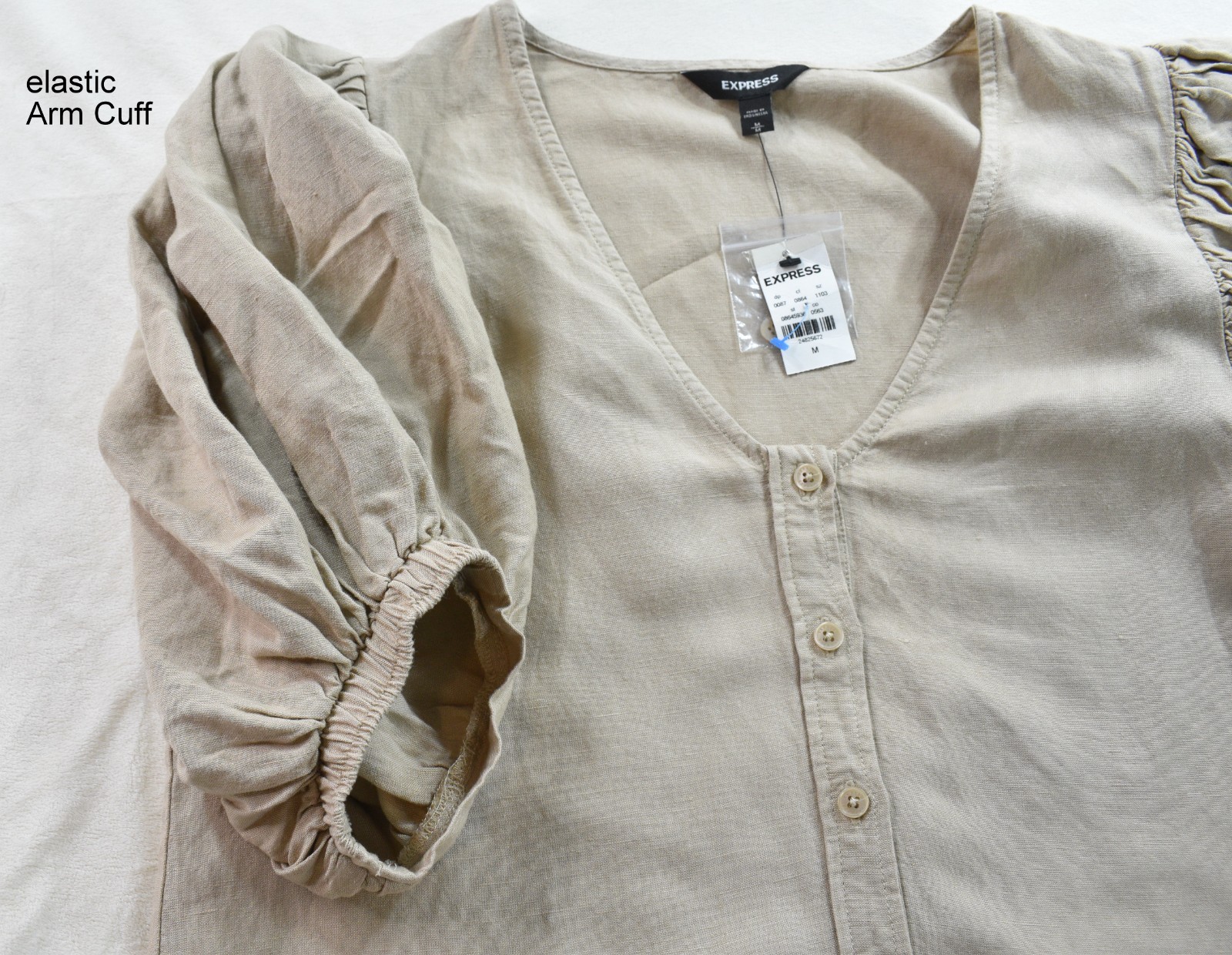 New Express Blouse Tan Linen Balloon Sleeve Shirt V Neck Button Top Boho Women M