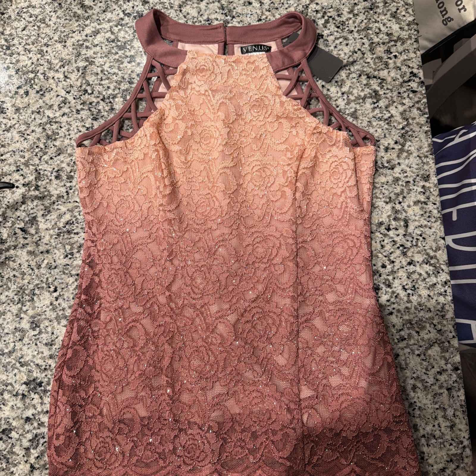 VENUS Women’s Size medium Tank Top ~ Mauve w/Sparkle, Lace, Scalloped Ombre