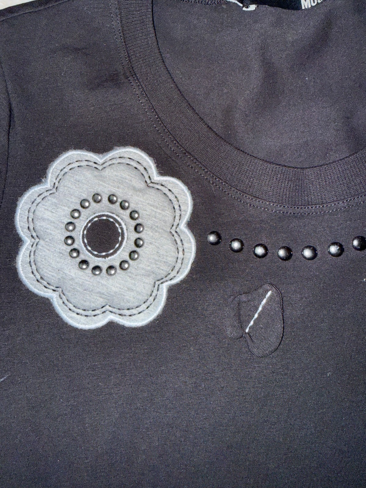 Love Moschino Black Floral Applique Studded T Shirt Women US 8 IT 44
