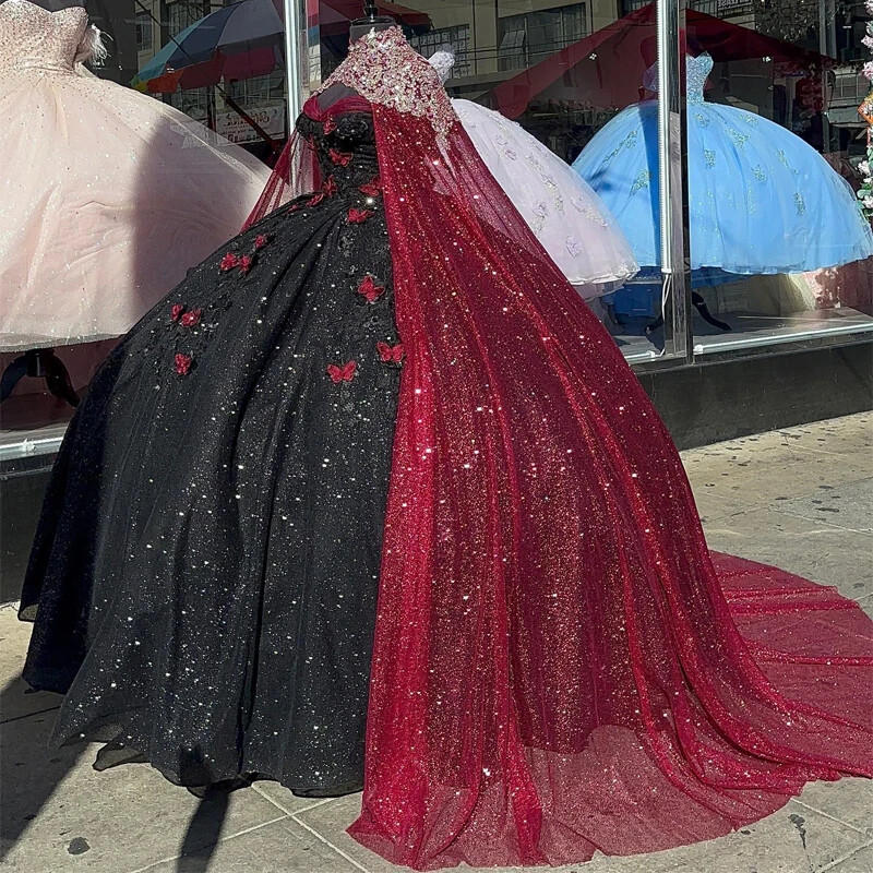 Black Shiny Off Shoulder Quinceanera Dresses Ball Gown Bow Red Cape Sweet 16 15