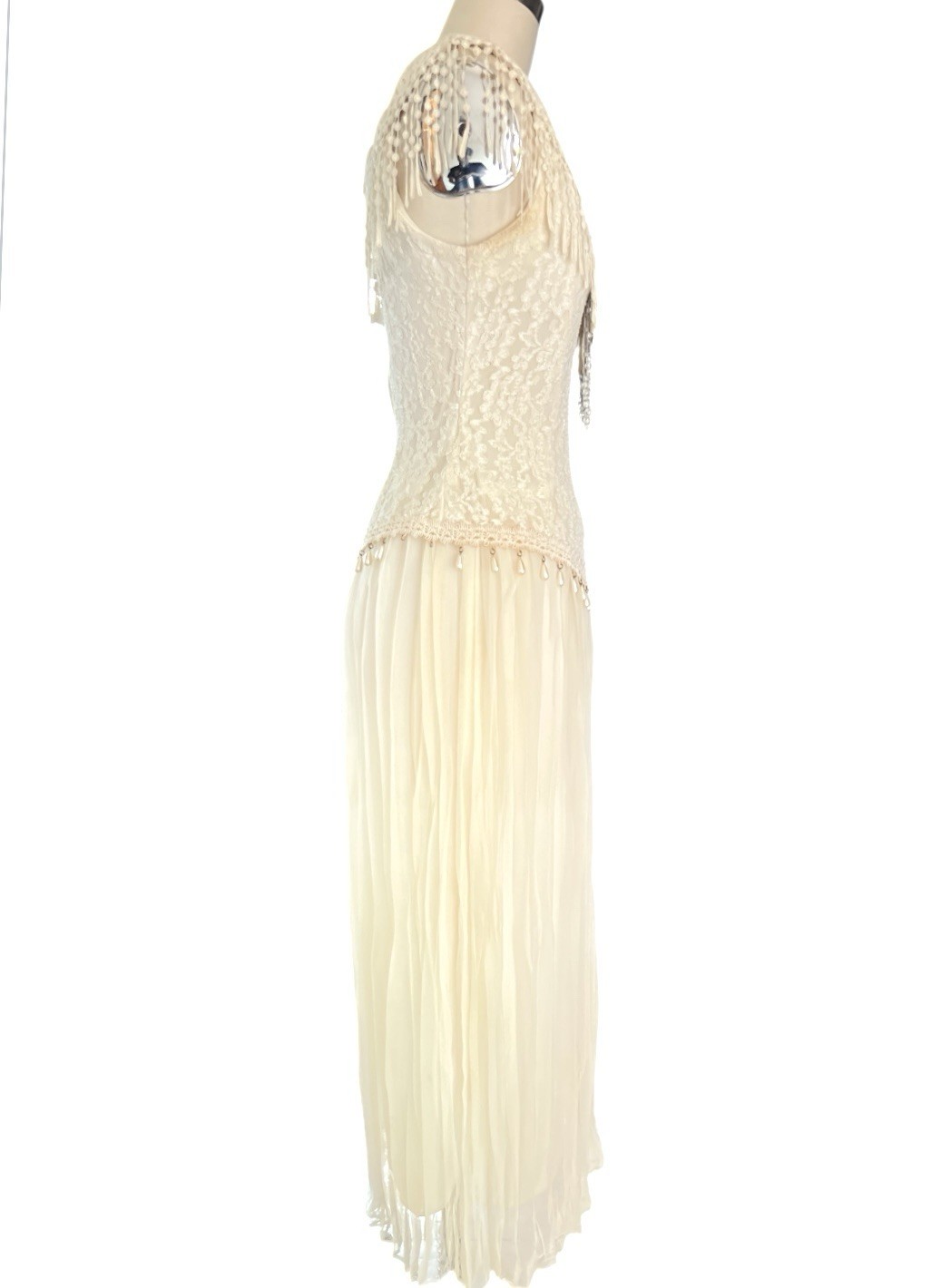 Y2K 90s Lace Midi Dress Sheer Pleated Pearl Beaded Fringe Cottagecore Bridal