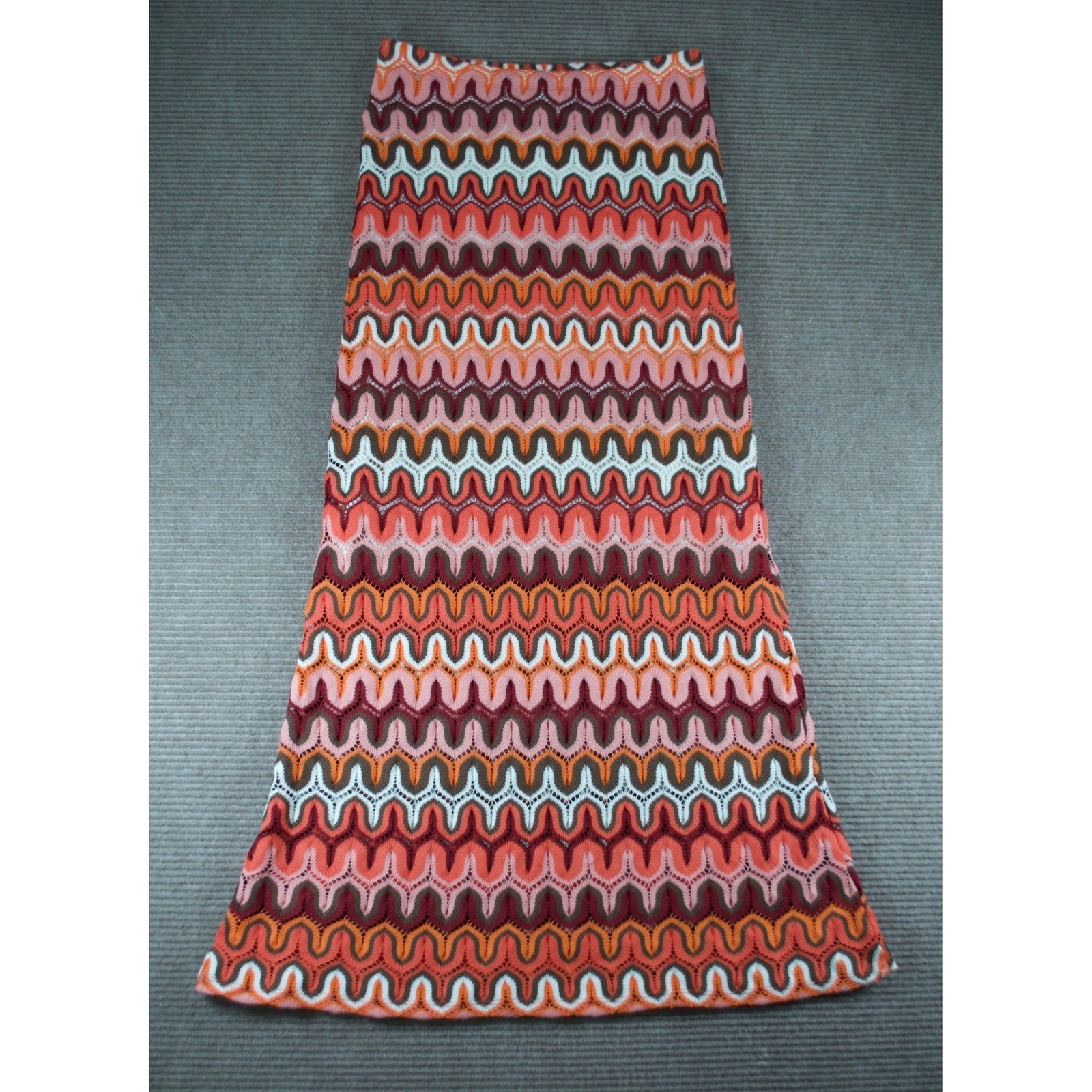 Karen Kane Crochet Knit Chevron Maxi Skirt Boho Pink Orange Zig Zag Lined Size S