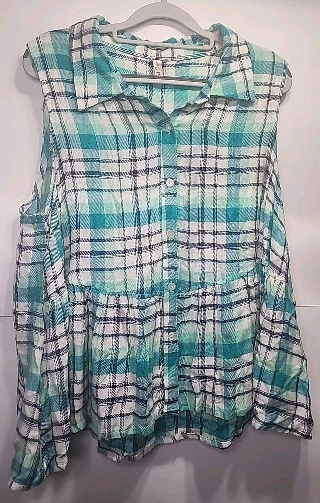 Red Camel Women’s XL Sleeveless Plaid Button Front Peplum Top Teal White