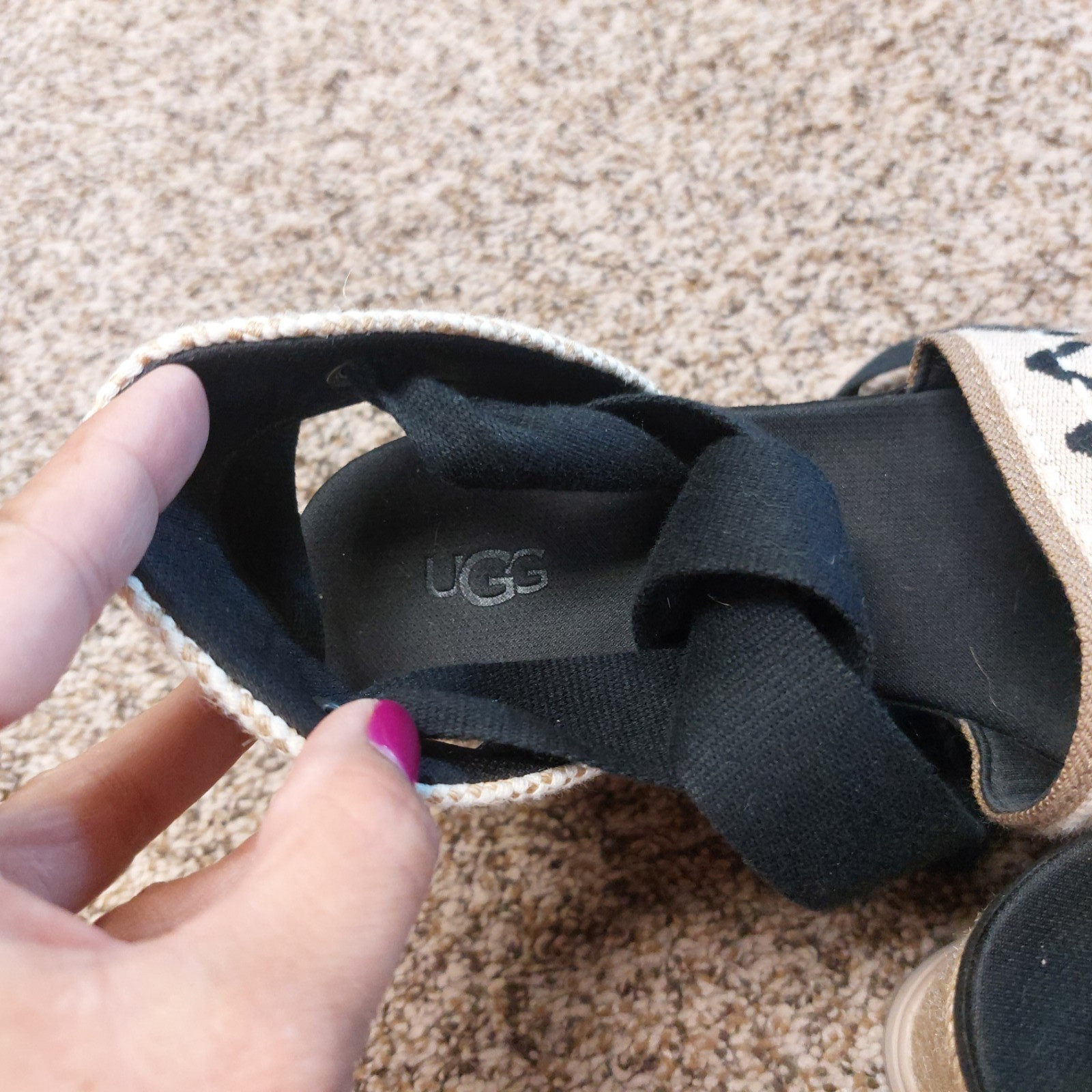 UGG Abbott Black Natural Espadrille Wedge Sandals Ankle Wrap Tie Platform US 8.5