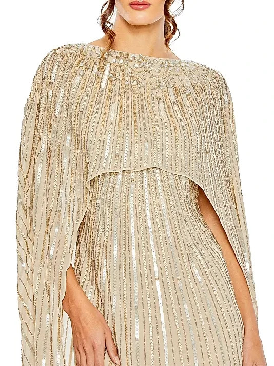 Mac Duggal Champagne Embellished Sequin Beaded Column Cape Gown Size 10 $798