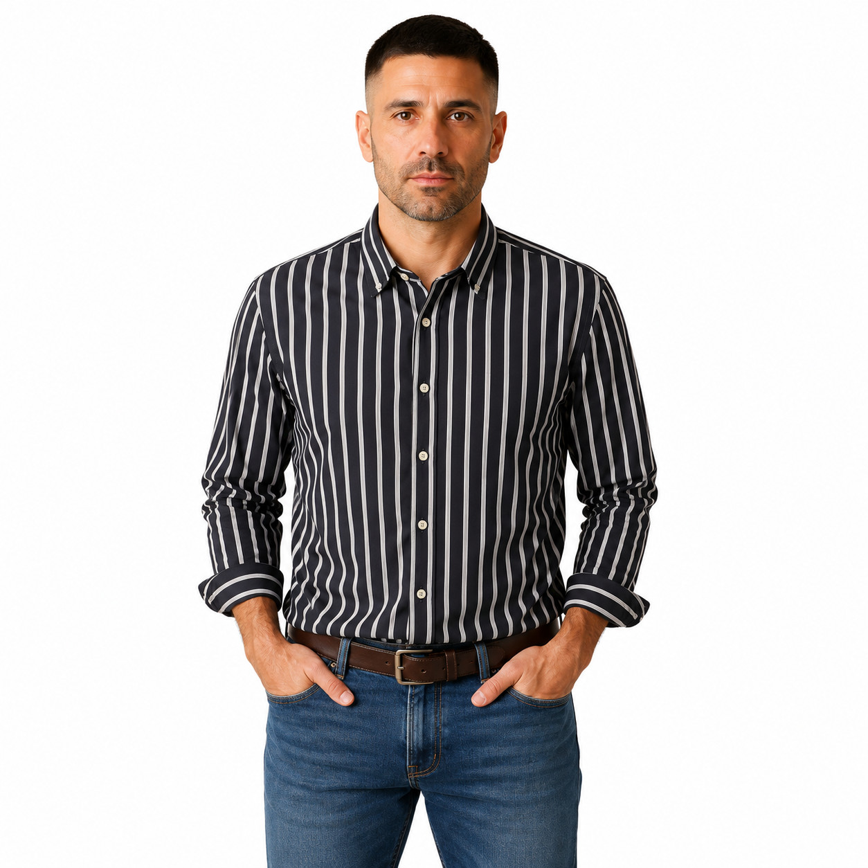 Autograph M & S Mens Shirt XL 44″/46″ Black Multi Stripe Long Sleeve Cotton
