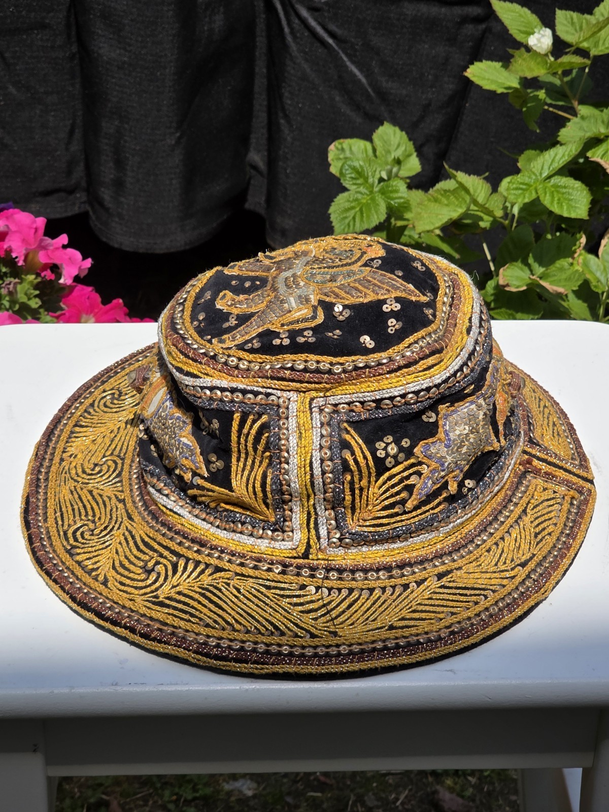Vintage Myanmar Burmese Burma Kalaga Floppy Boho Hat Unicorn Sequins Embroidery