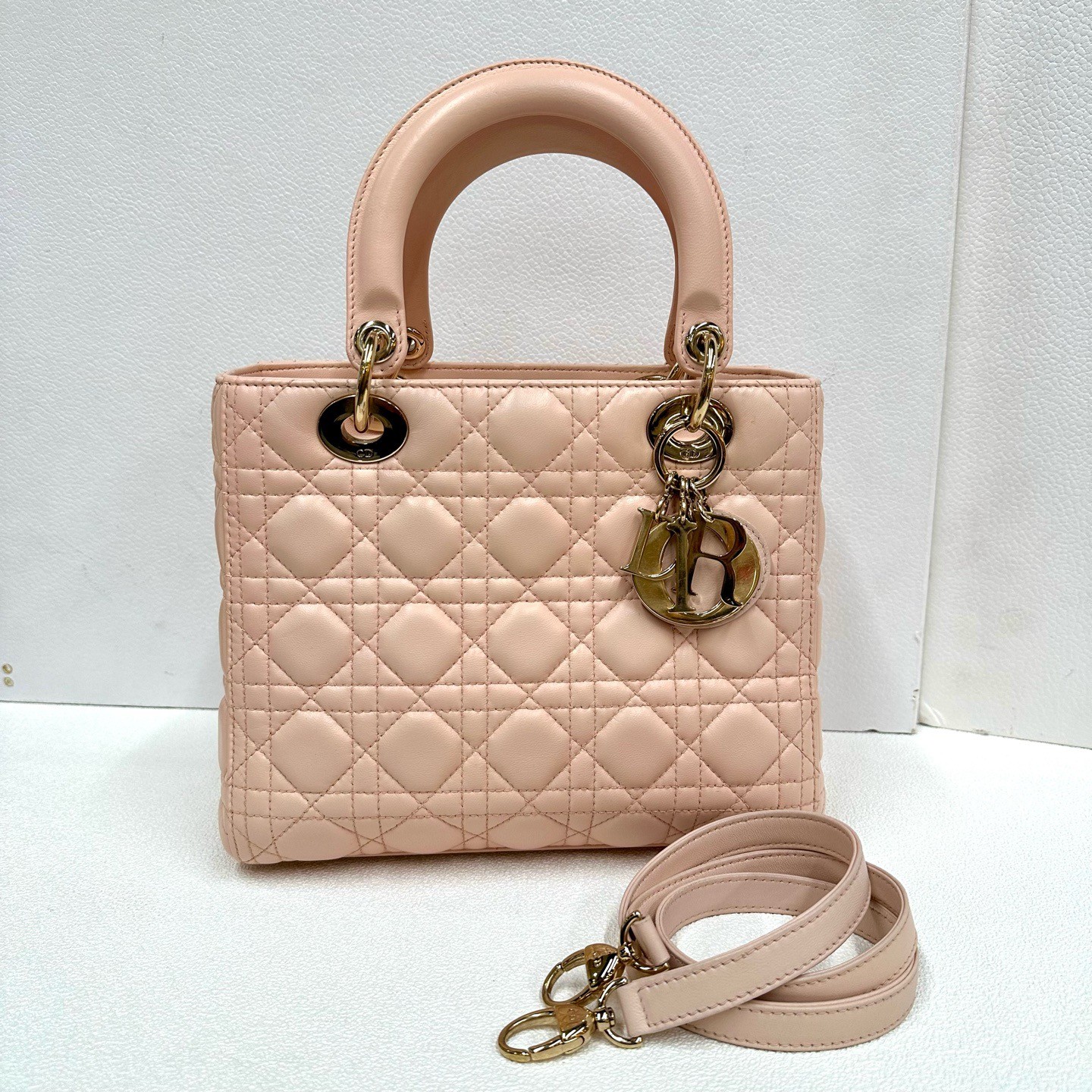 Dior Lady Dior Light Pink Lambskin Cannage Top Handle Crossbody Bag auth