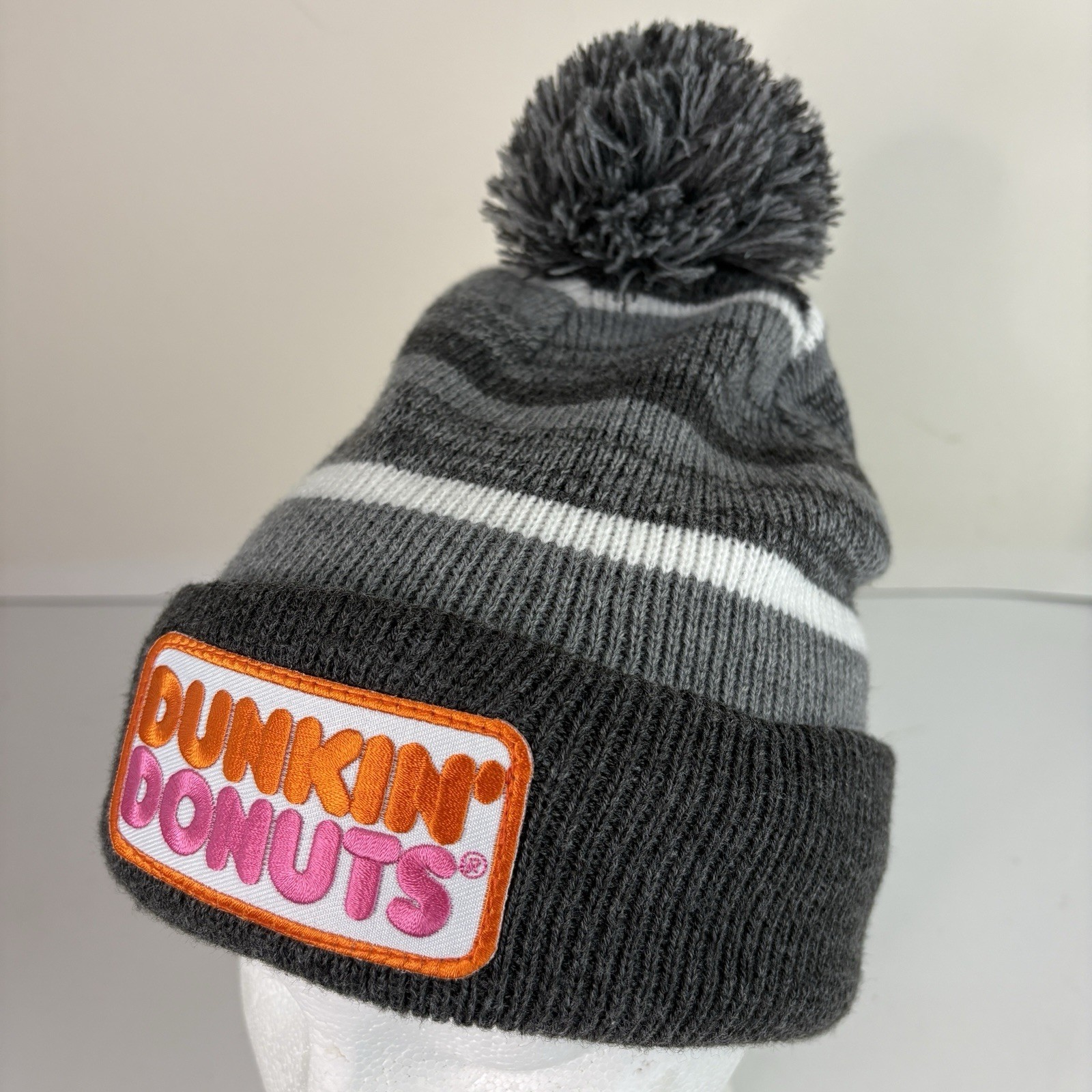 Dunkin’ Donuts Logo Beanie Pom-Pom Winter Hat Cap Gray One Size 100% Acrylic