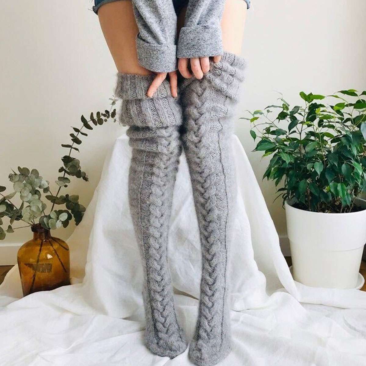 Long Socks Warm Over Knee High Wool Knitted Thick Stockings Thigh Winter Women