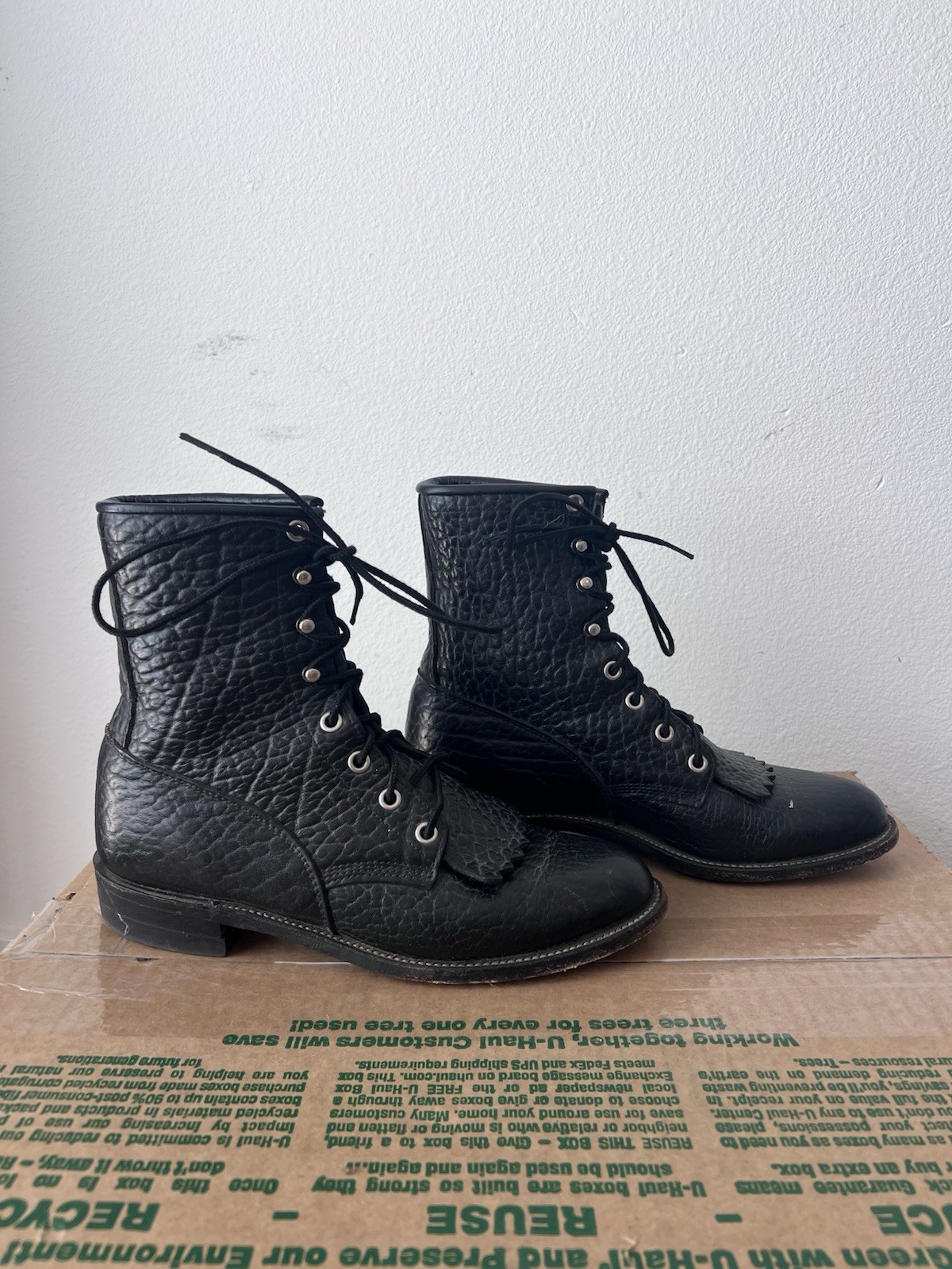 Justin Womens Roper Boots Size 7 B Black Bullhide Kiltie Lace Up Cowgirl Rodeo