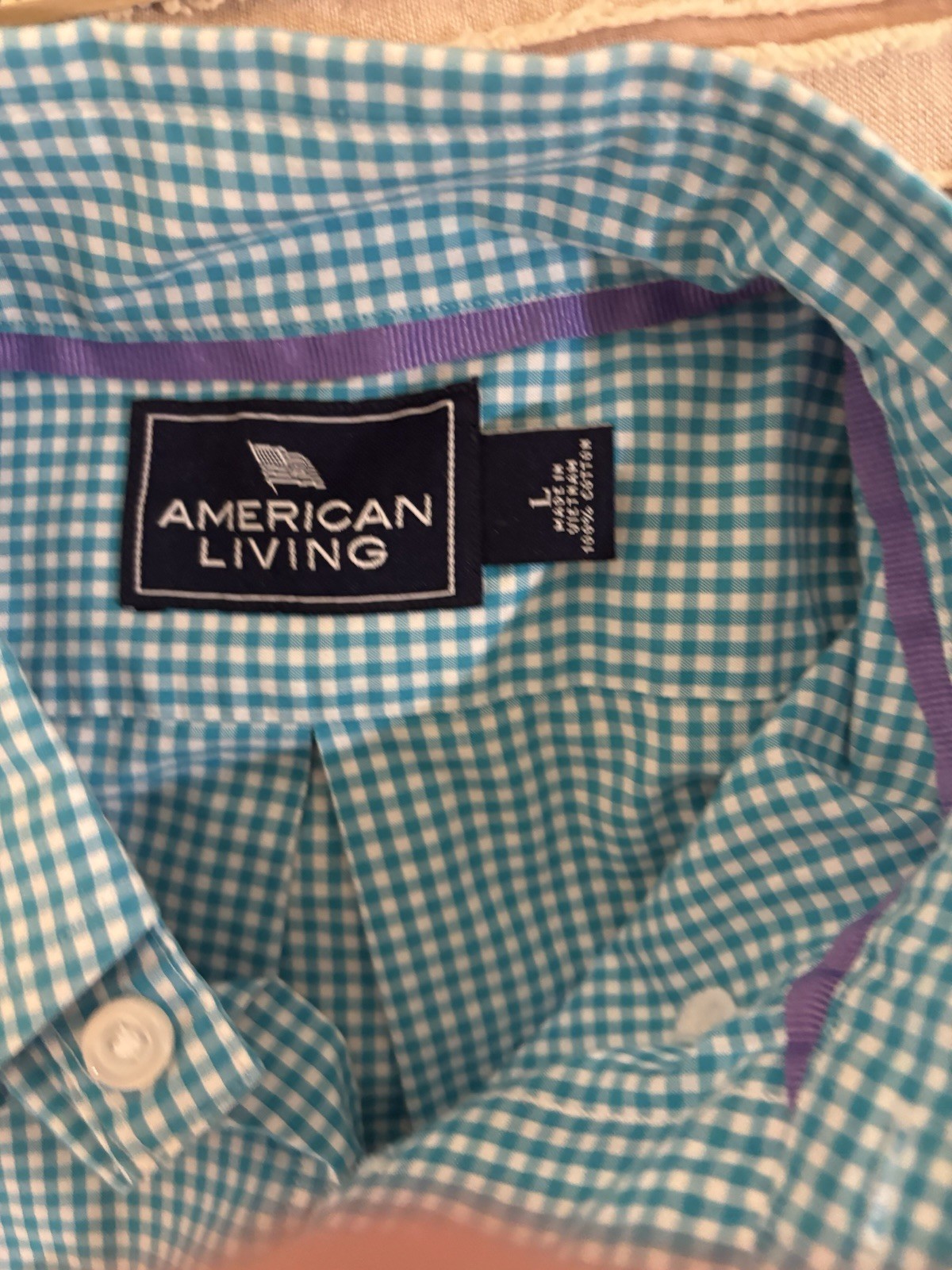 Men’s Lg Turquoise And White Check Button Down Shirt American Living