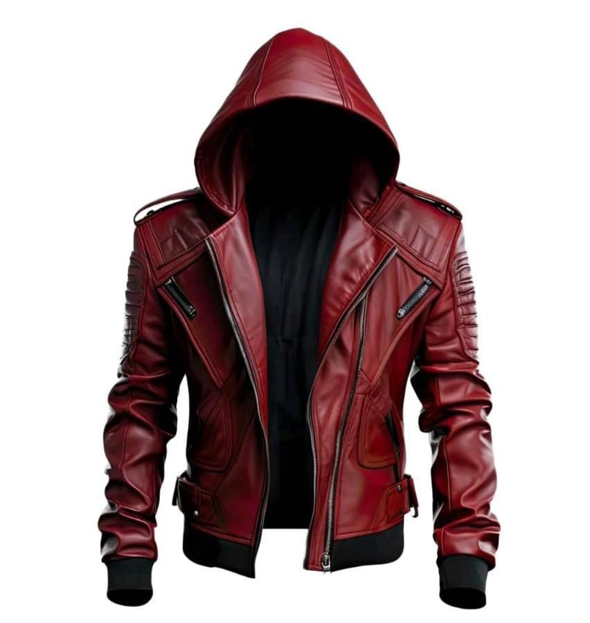 Men’s Hooded Leather Jacket, Biker Motorcycle Streetwear, Cosplay Outwear