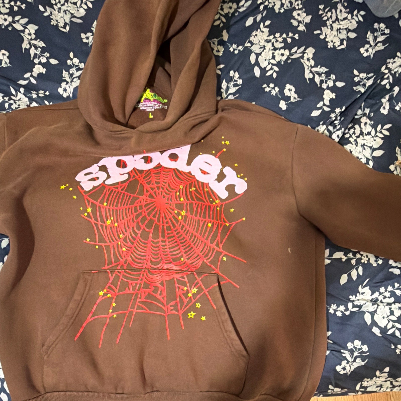 Sp5der Brown Spiderweb Graphic Print Pullover Hoodie Sweatshirt Size L