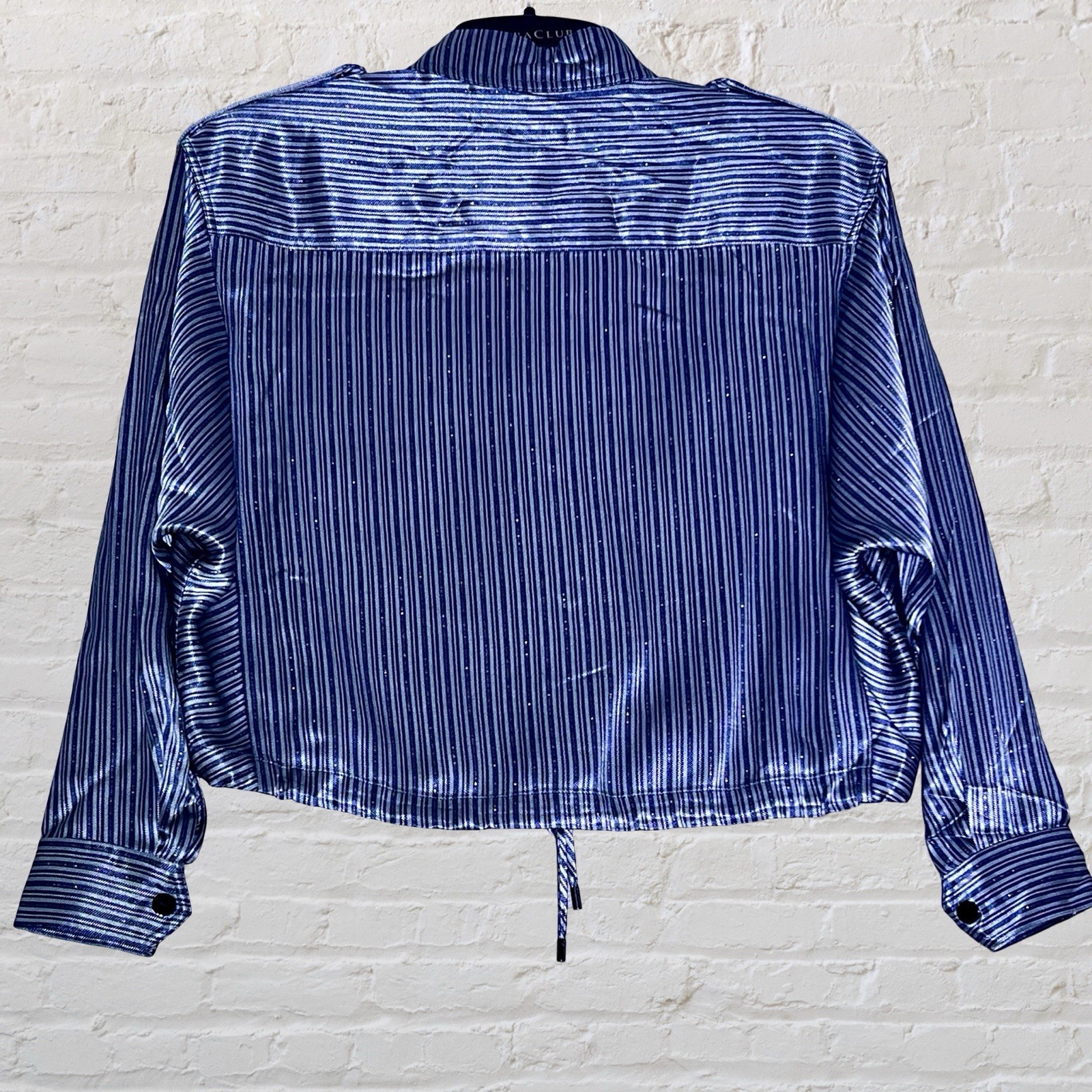 Ramy Brook Blue Striped Lurex Lia Button-Up Bomber Shirt Jacket Size XXS NWT
