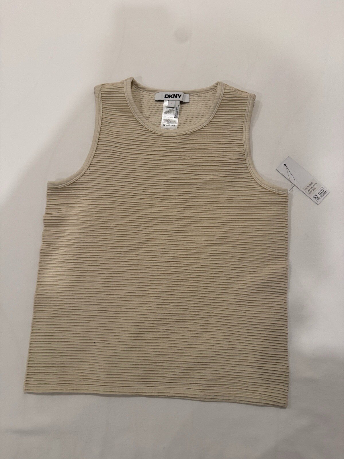 DKNY Vanilla Ribbed/Textured Sleeveless Tank Top Crew Neck Sz L Nylon/Span NWT