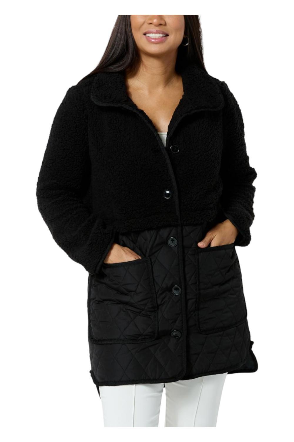 Nina Leonard Women’s Collared Sherpa to Quilted Jacket Black