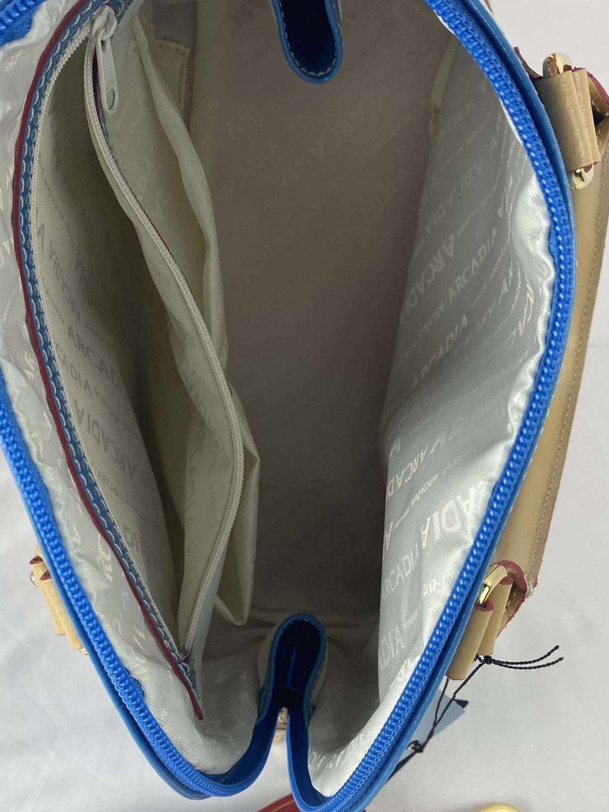 Arcadia Italy Sky Blue/Natural Embossed Patent Leather Handle Crossbody NWT