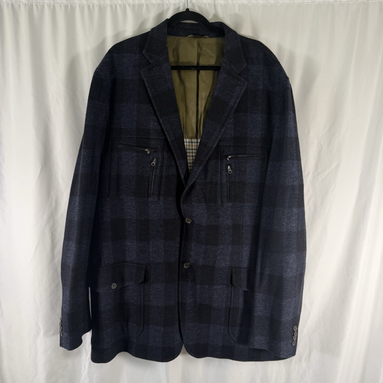 Kroon Blazer Jacket Men’s XL 50 Blue Plid Inner Zip Pockets Wool Blend Button Fr