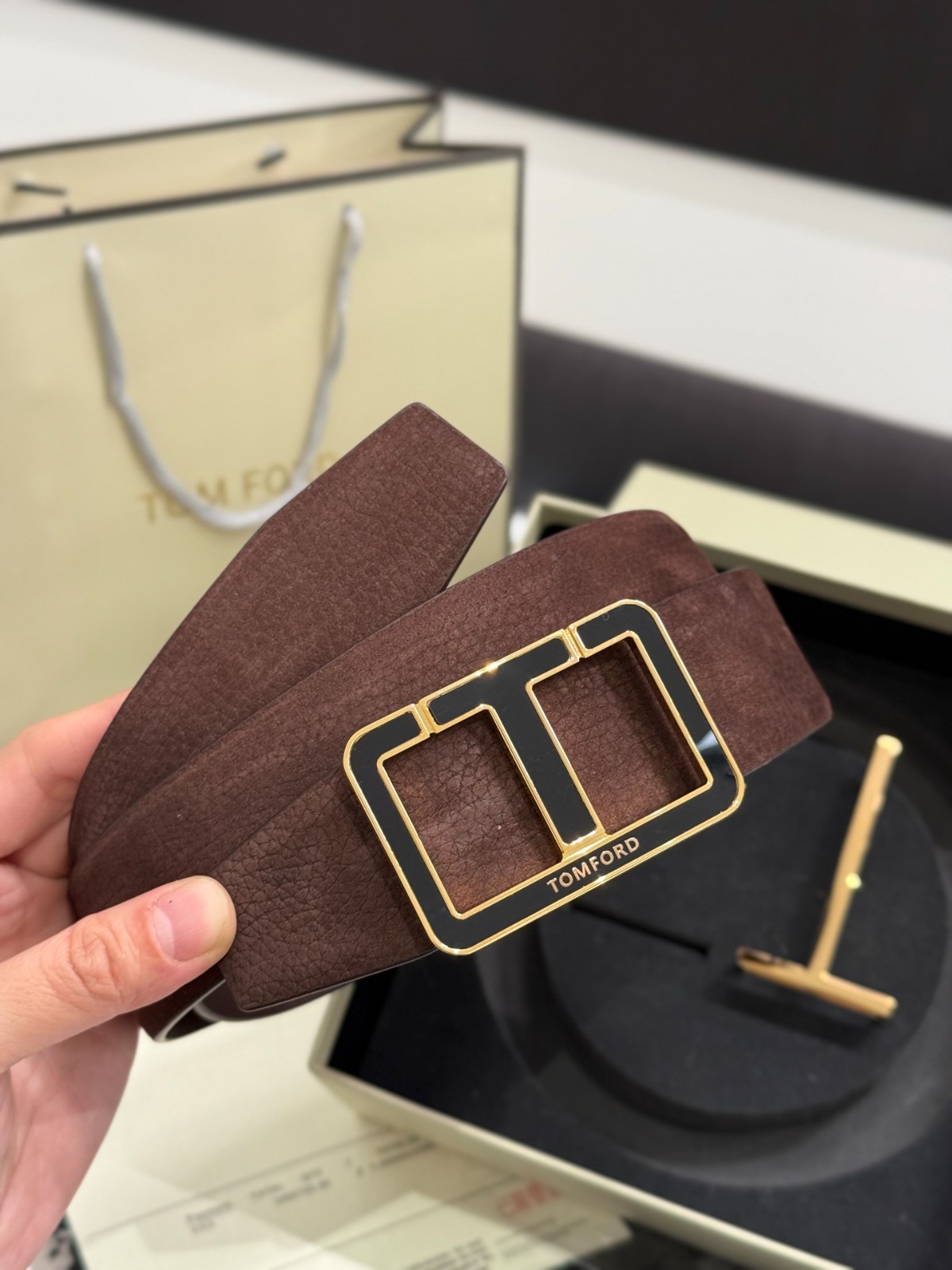 Tom Ford Mens T Logo Brown Leather Dress Belt S.S. Buckle