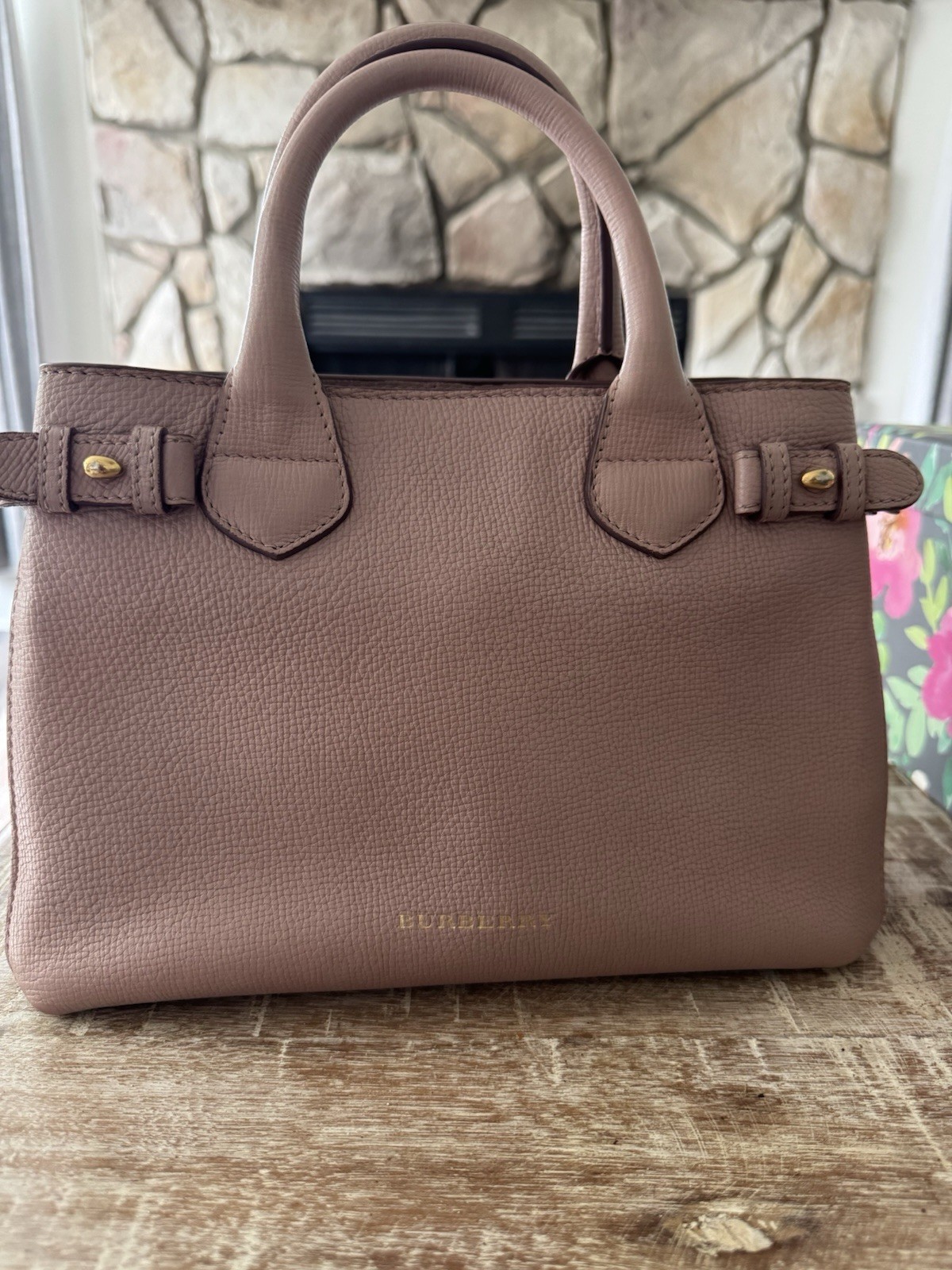 BURBERRY Pink Pebbled Satchel Top Handle Check Panels Gold Hardware COA