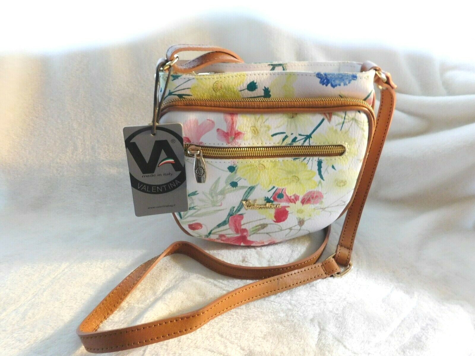 Valentina Italian Multi Entry Crossbody White + Floral Cognac Trim NWT #1