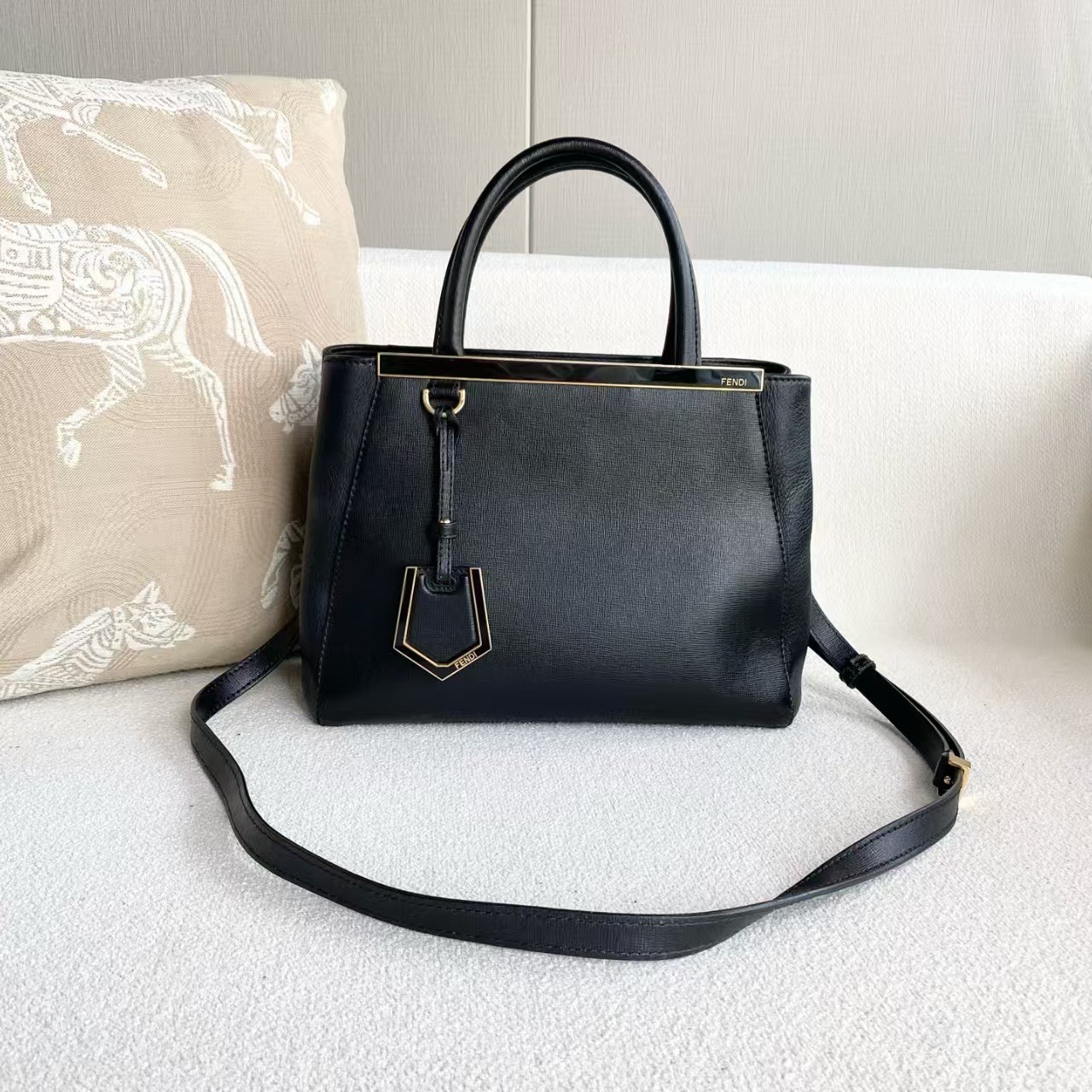 Fendi 2Jours Black Gold Hardware Shoulder Crossbody Bag Size 26cm