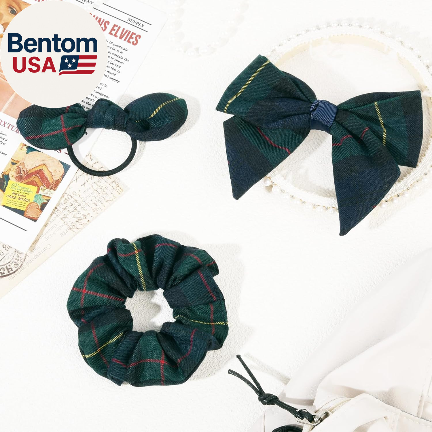 5 Styles Uniform Plaid Long Tail Hair Bows Knotted Headband Scrunchies Bow Set A