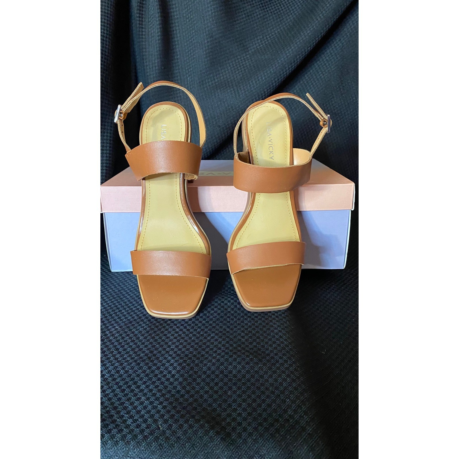 Lisa Vicky Oasis-V Chestnut Leather Block Heel Sandals Women 9M Square Toe Brown