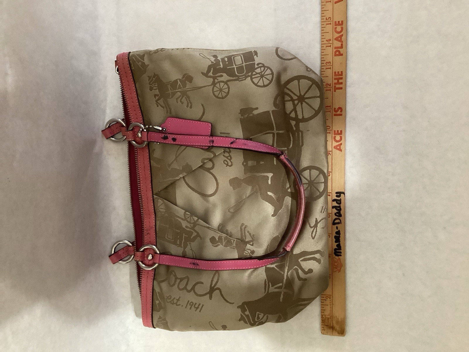 Coach Horse & Carriage Script Sateen Tote Bag Champagne/Pink Trim F14482 As-Is