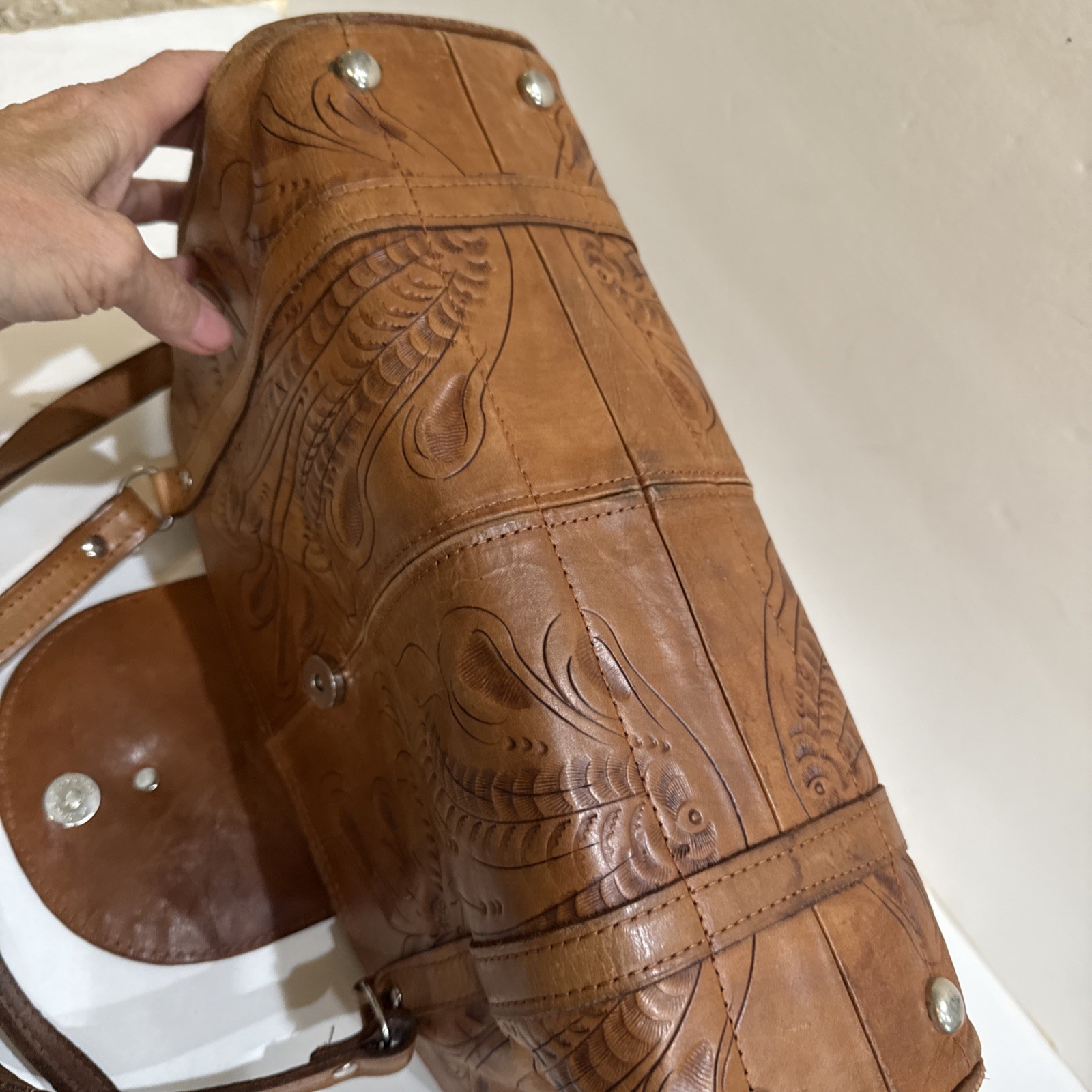 Grants Natural Tooled Leather Western Purse Satchel Made In Paraguay