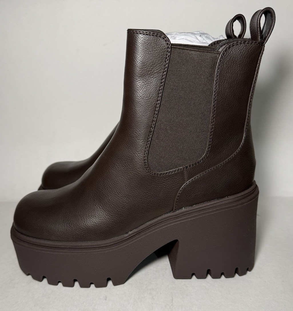 BURUDANI Chelsea Ankle Boots Pull On 4 inch Chunky Wedge Heel Brown Size 9 NEW