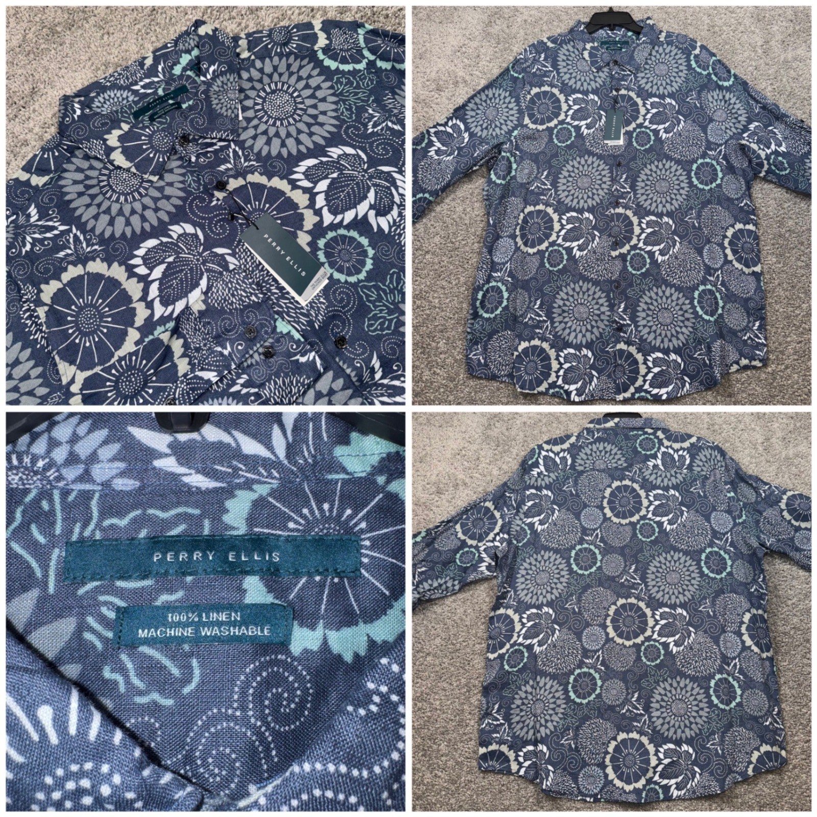 Perry Ellis 100% Linen Untucked Shirt Mens XXL Floral Pattern Medallion Blue NEW