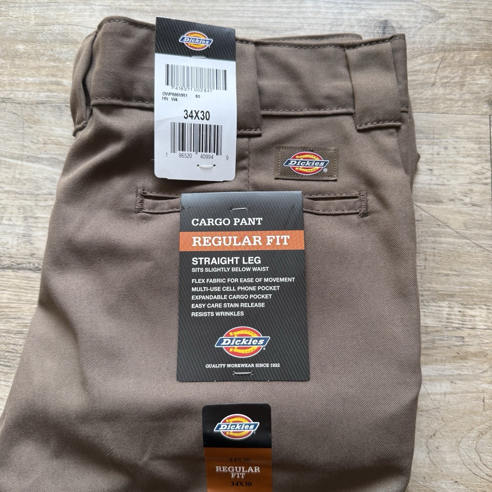 Dickies Cargo Work Pant 34×30 Regular Fit Flex Straight Leg Brown Khaki Work NEW