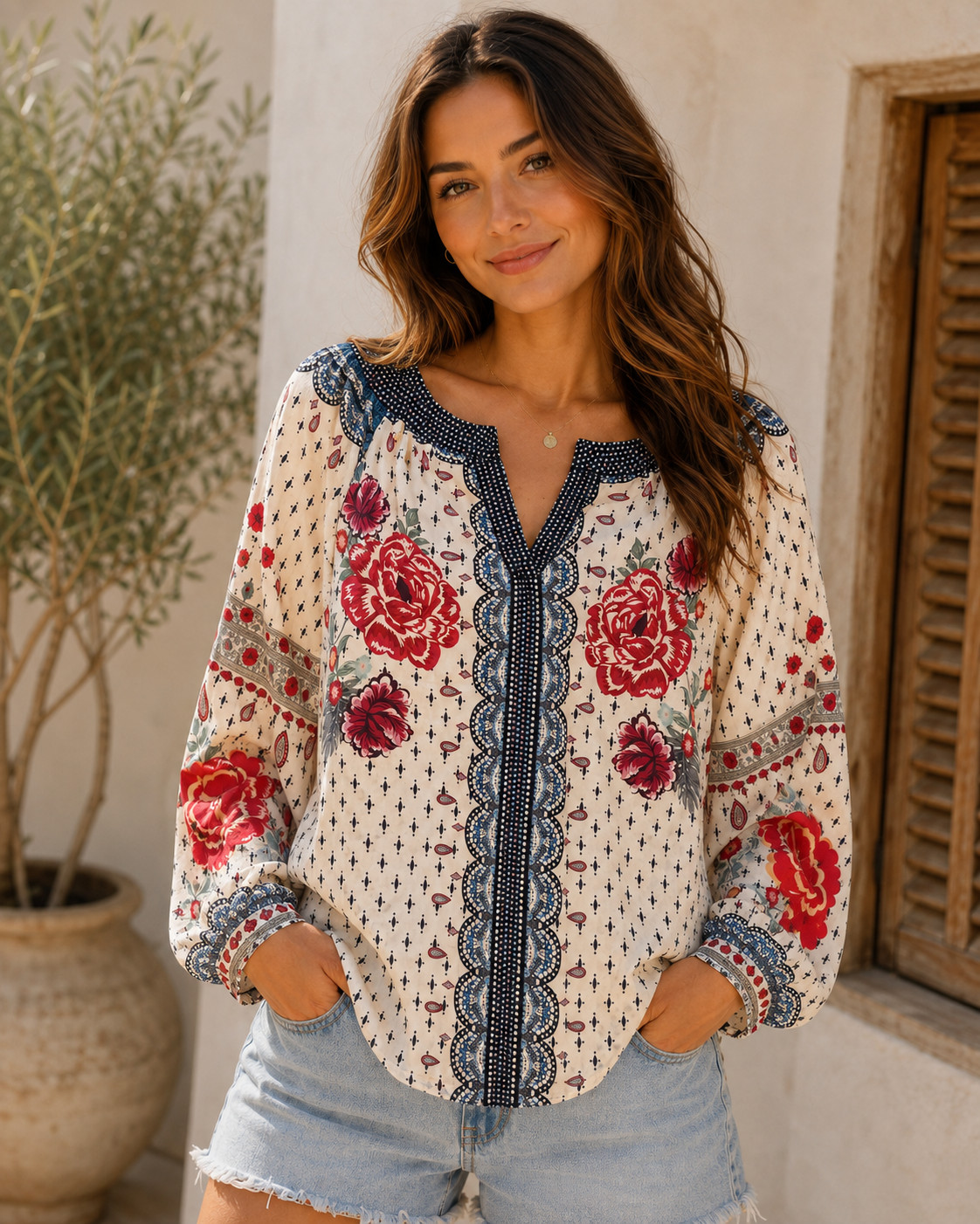Women’s Small Boho Floral Blouse Red White Black Blue Long Sleeve Peasant Top S