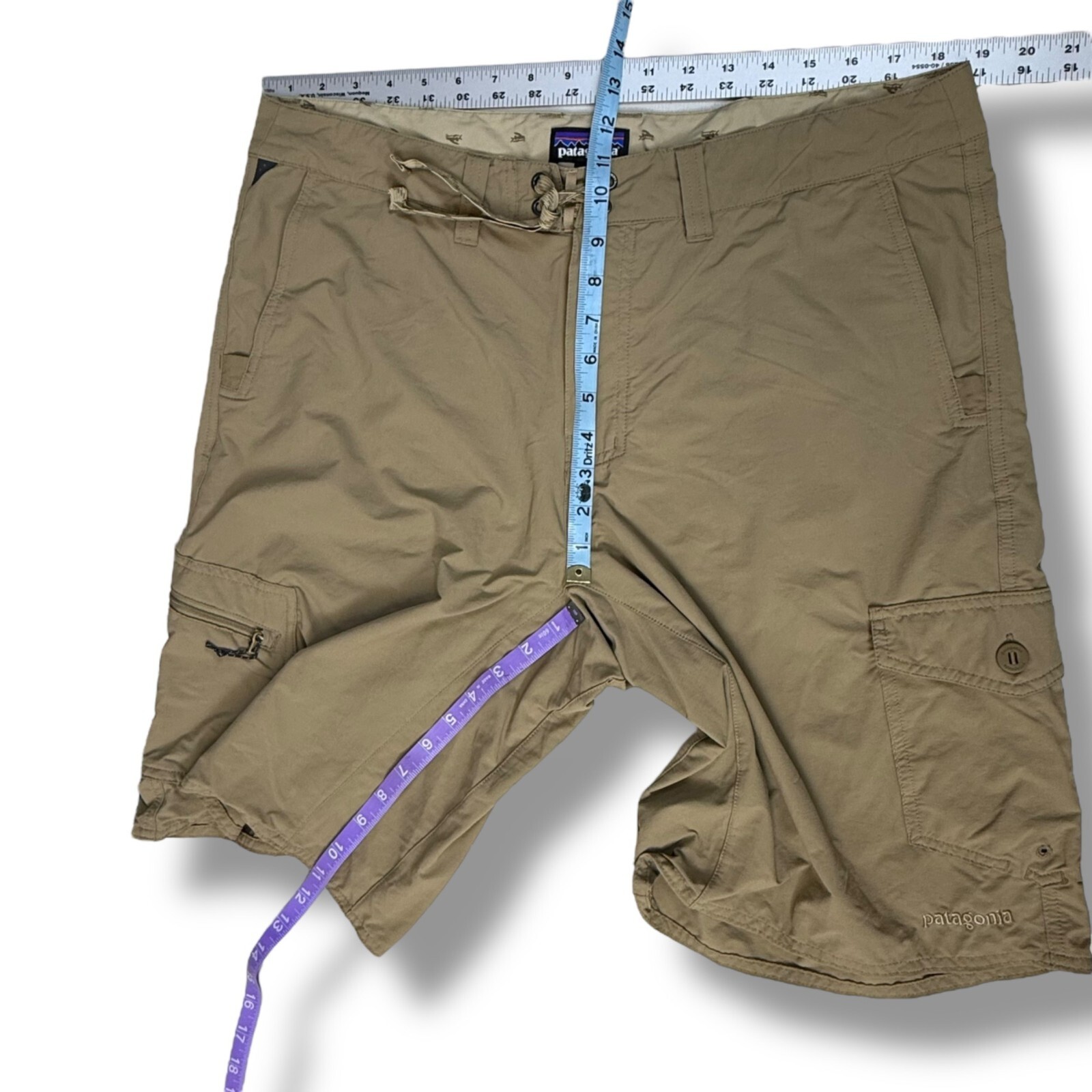 Patagonia MOC Hybird Cargo Board Shorts Mens Sz 38 Tan Quick Dry 4 Way Stretch