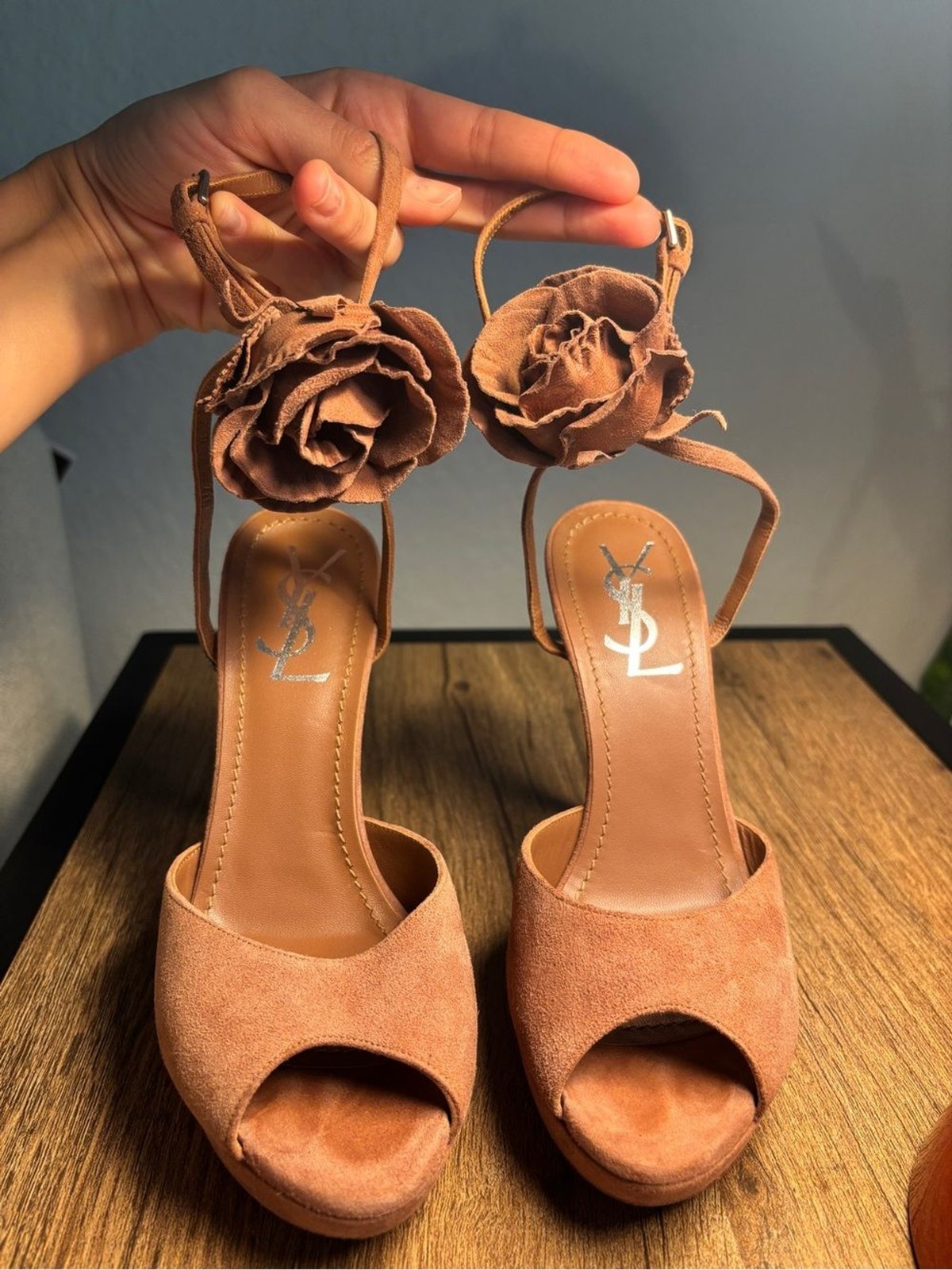 Yves Saint Laurent YSL Heels 35 US 5 Tan Suede Rosette Flower Ankle Tie Platform
