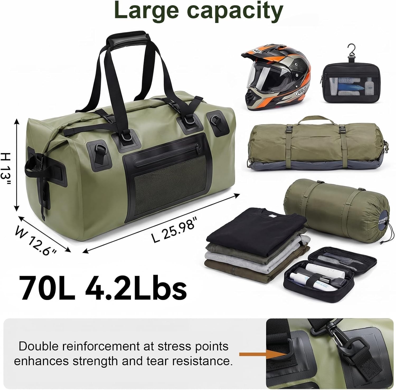 Waterproof Duffel Bag, 70L Large Motorcycle Dry Backpack, Heavy-Duty Roll Top Wa