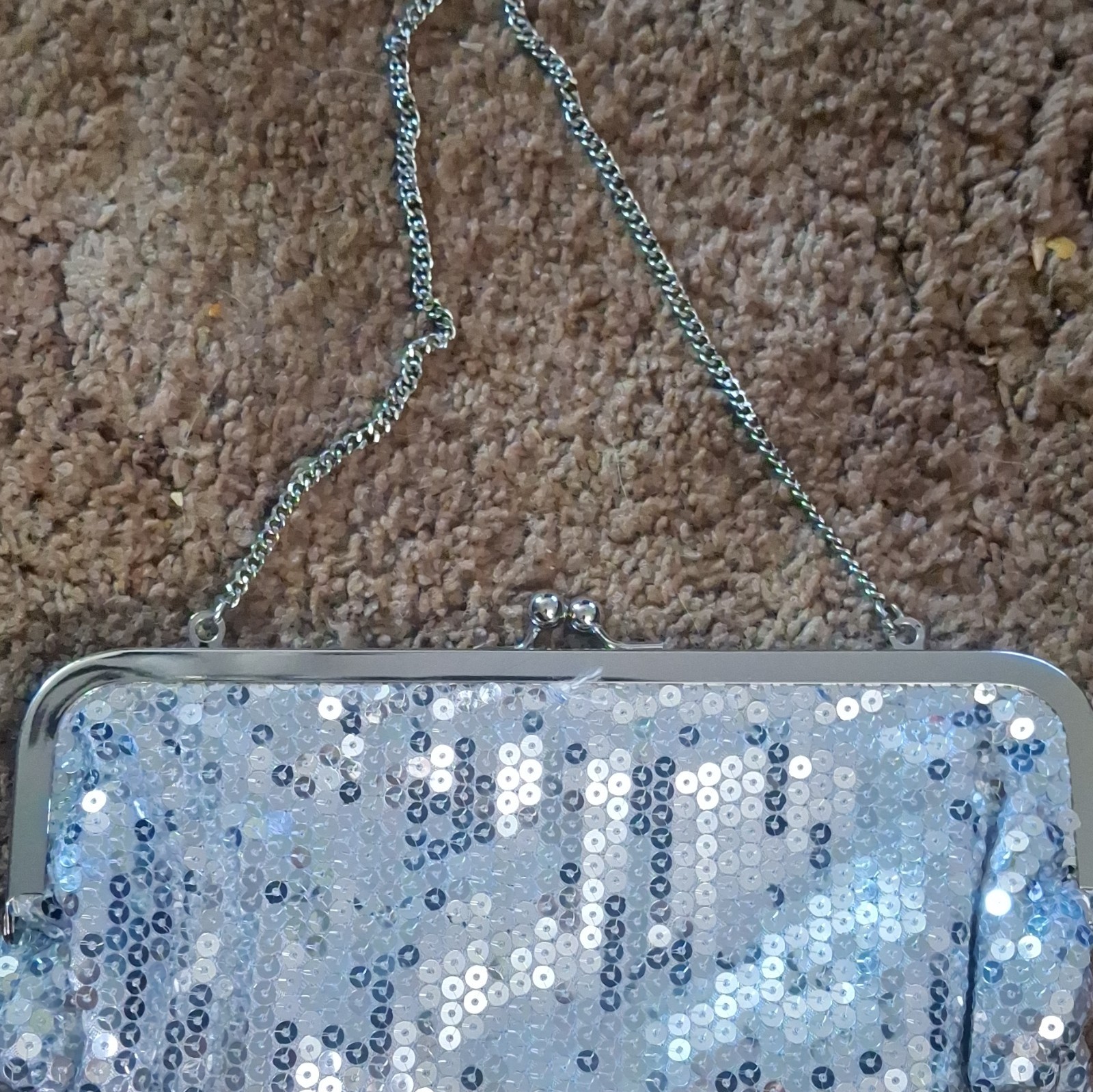 LOFT Silver Sequin Metallic Clutch Kiss Lock w/ Chain Shoulder Strap Formal