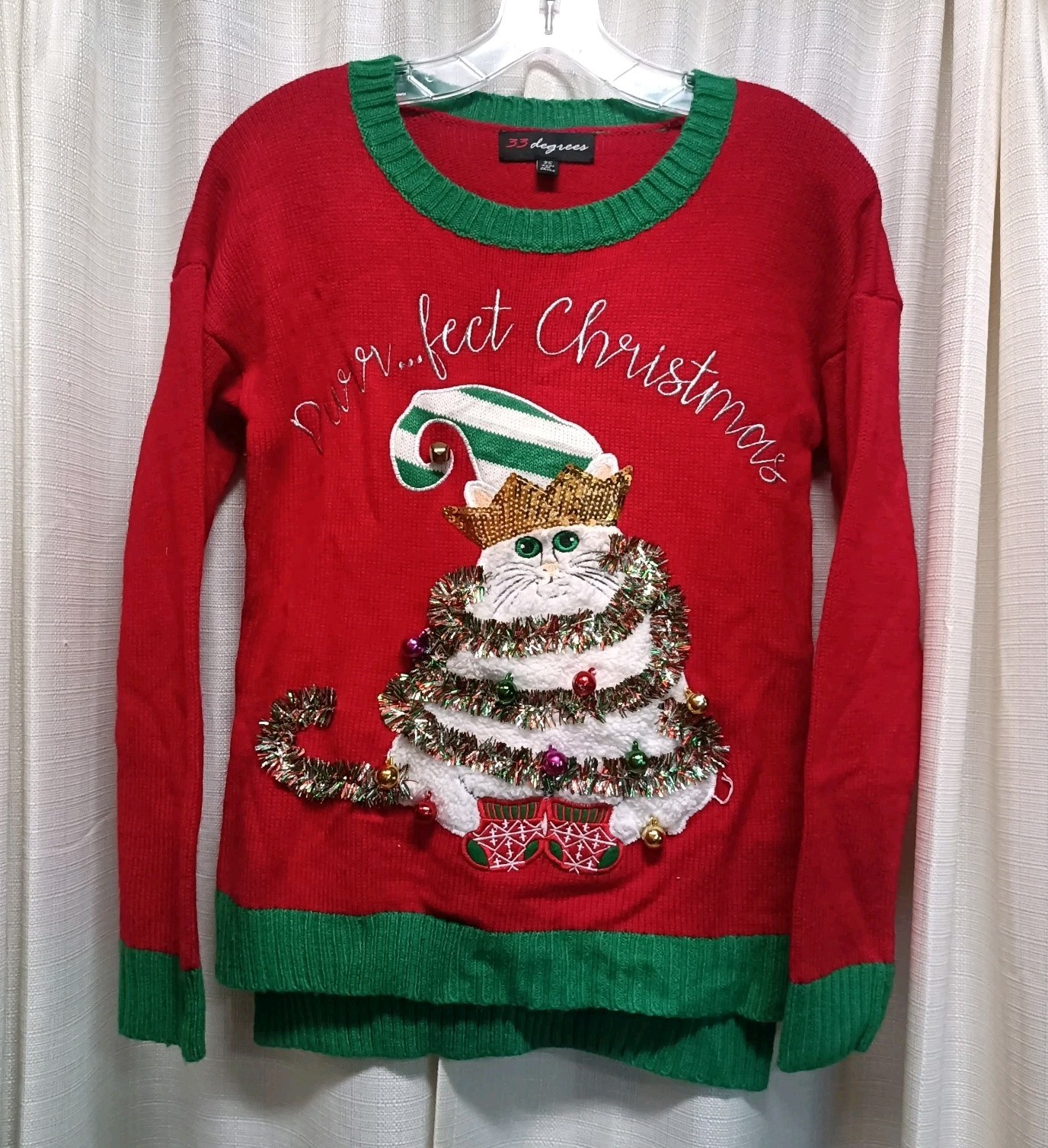33 Degrees Cat Christmas Sweater Women’s XS Red Garland Ornaments & Sequins Ugly