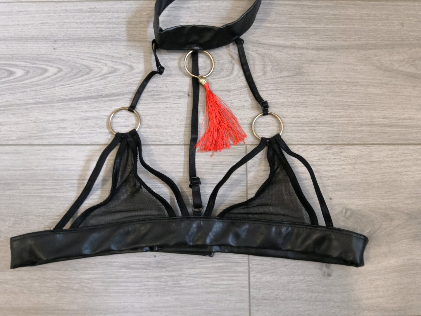 BNWOT Black PVC & Sheer Mesh Tassel Suspender Skirt & Bra Top Set Size 10-14
