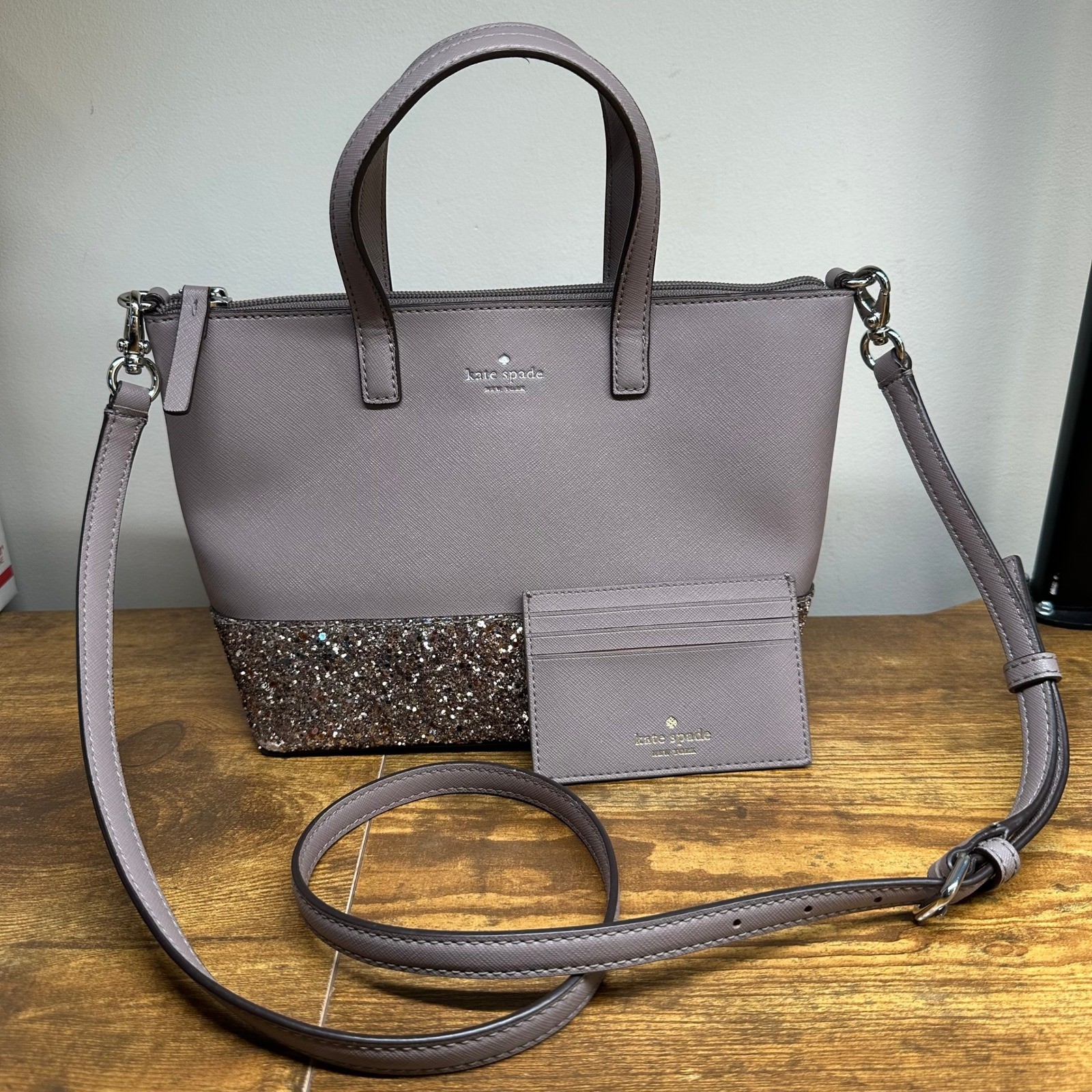 Kate Spade Handbag Greta Court Saffiano Leather Glitter Satchel Card Holder Set