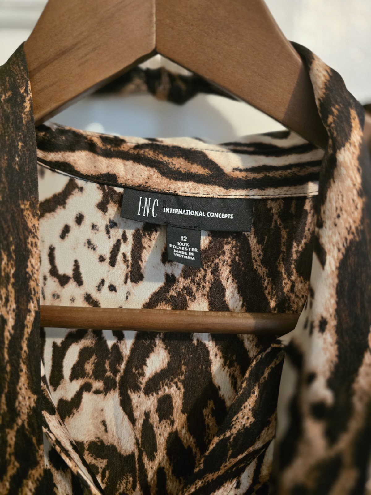 INC International Concepts Leopard Print Maxi Shirt Dress V-Neck Belted 12