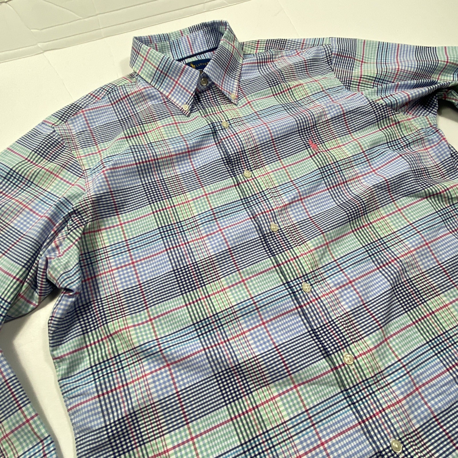 Polo Ralph Lauren Classic Fit Plaid Performance Shirt Nylon Poly Pink Blue Large