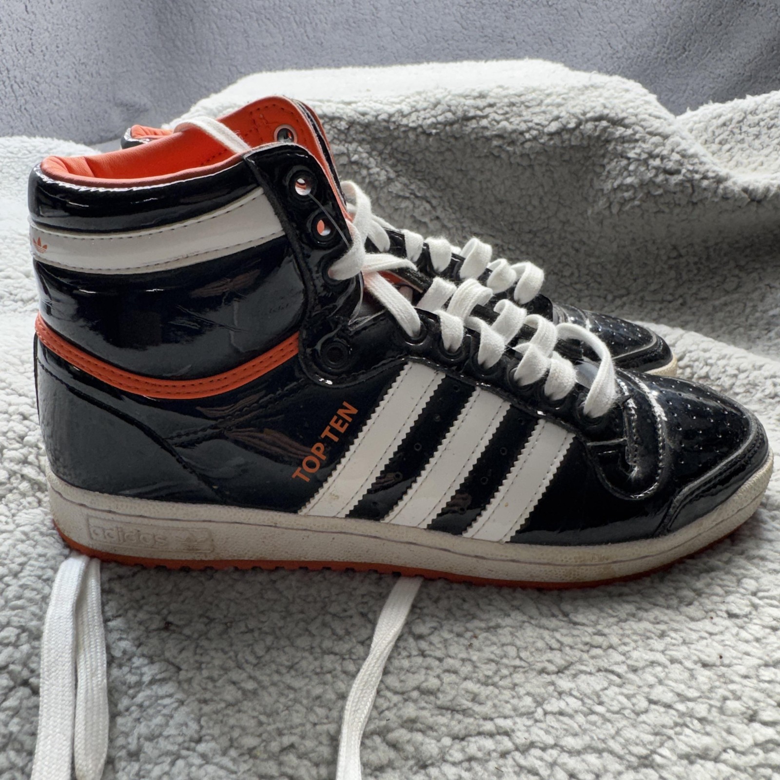 Adidas Top Ten Hi Shoes Mens Size 8 Black White Orange Patent High Top FV2449