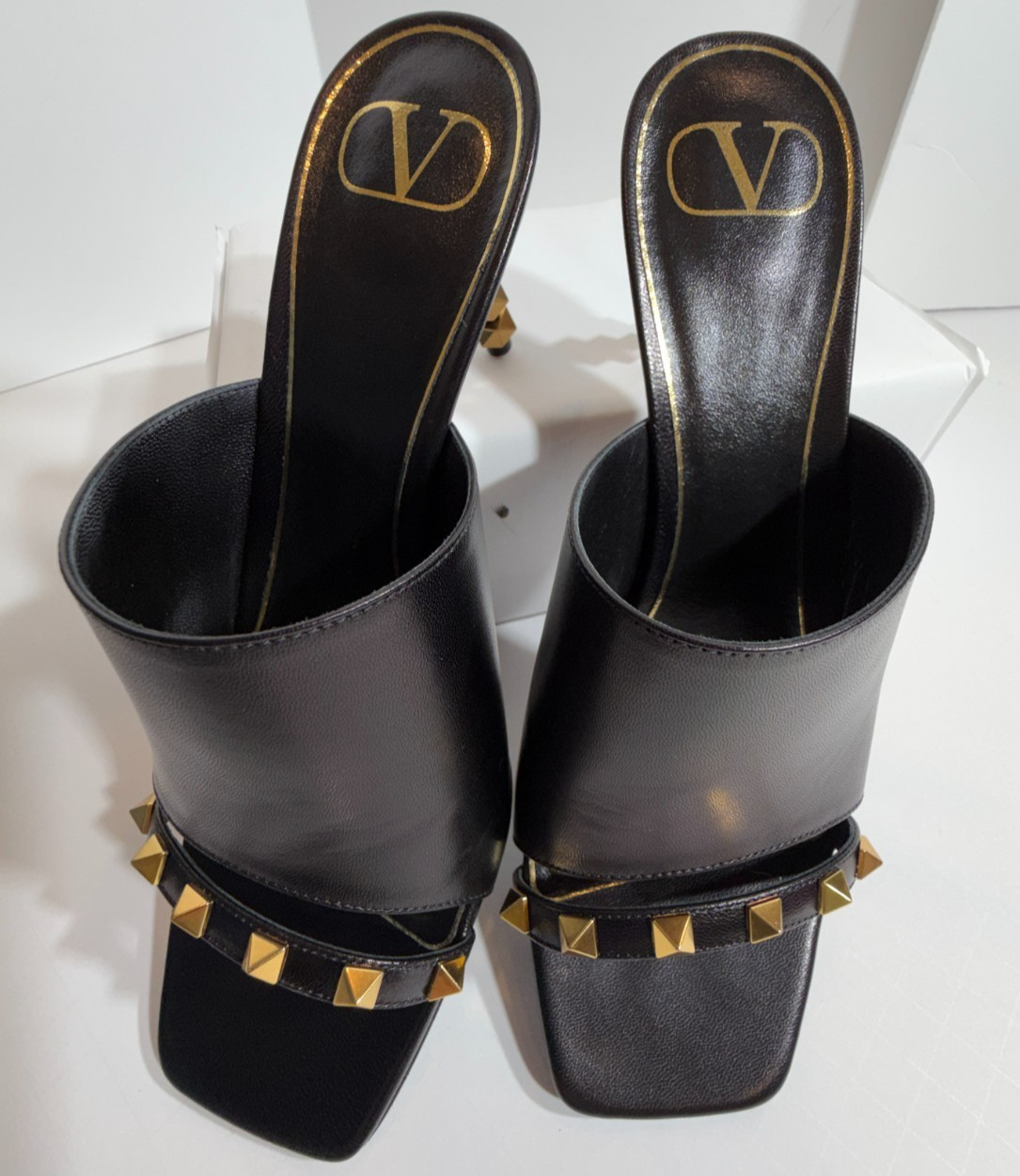 New Valentino Black Slide Sandals with Rockstud Accents 3 Inch Heels Size 38