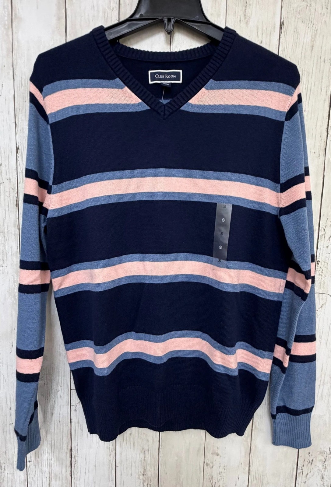 Club Room Mens V-Neck Sweater Small Navy Blue Striped Pullover Cotton Blend New