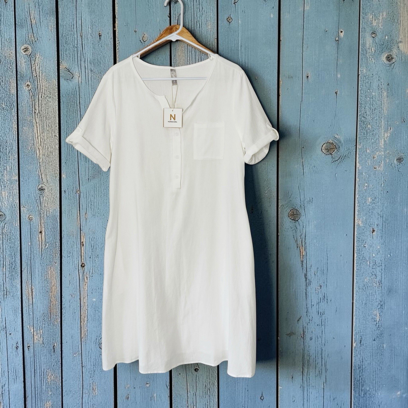 NWT NORACORA White Cotton Midi Shirt Dress Henley Size Large Beach Minimalist