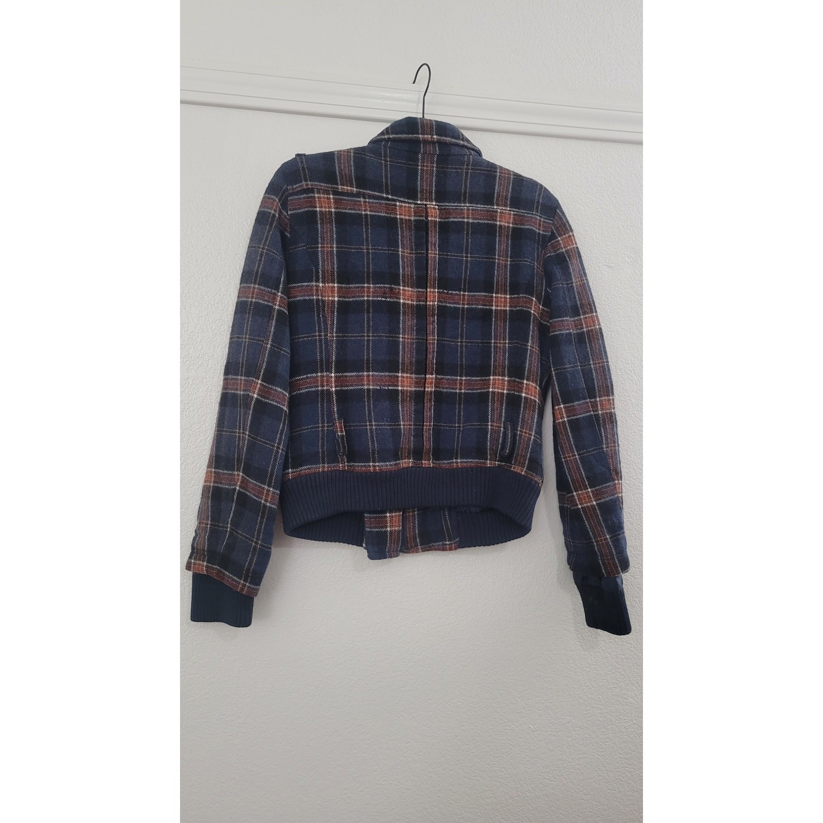 MNG by Mango Wool Blend Plaid Moto Jacket Women’s Small Blue Snap Zip Coat