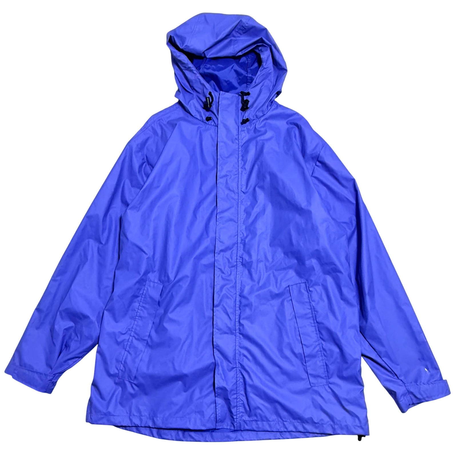 Lands’ End Jacket Mens Large Blue Hooded PVC Rain Coat Mesh Lined Zip Waterproof